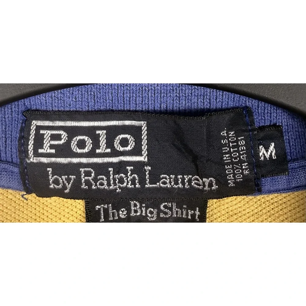 Vintage Polo Ralph Lauren Big Shirt Rugby Stripe Polo M Blue Yellow Pocket